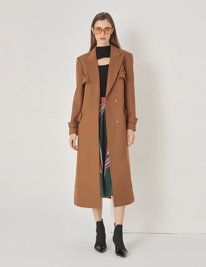 MARYLING Caramel Suit Collar Trench Coat Long Coat