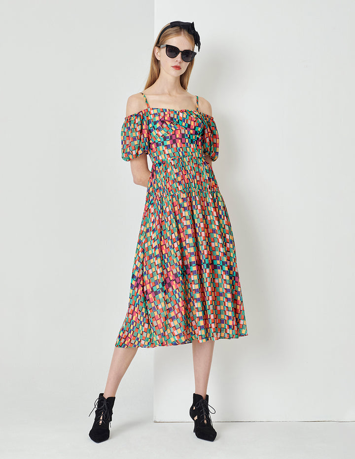 MARYLING Colourful Checkered Bubble Sleeve Printed Dress