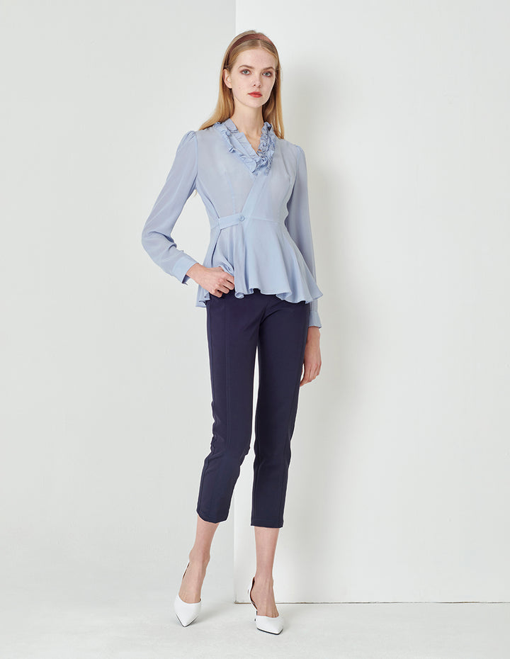 MARYLING Foggy blue silk crepe de chine V-neck shirt