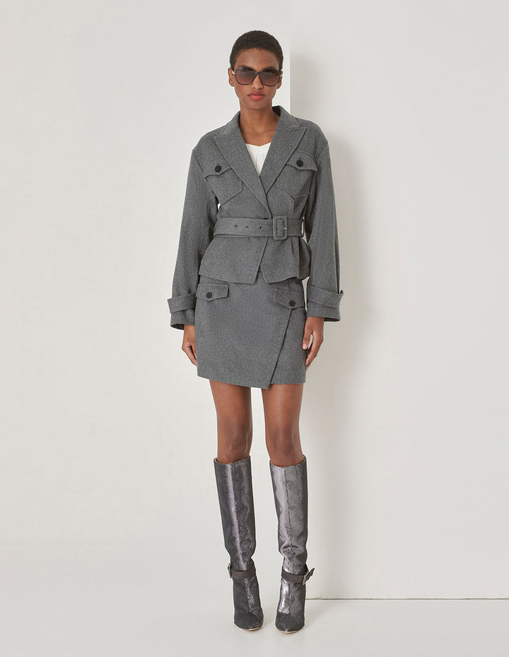 MARYLING Gray Lapel Collar Contrast Button Belted Jacket