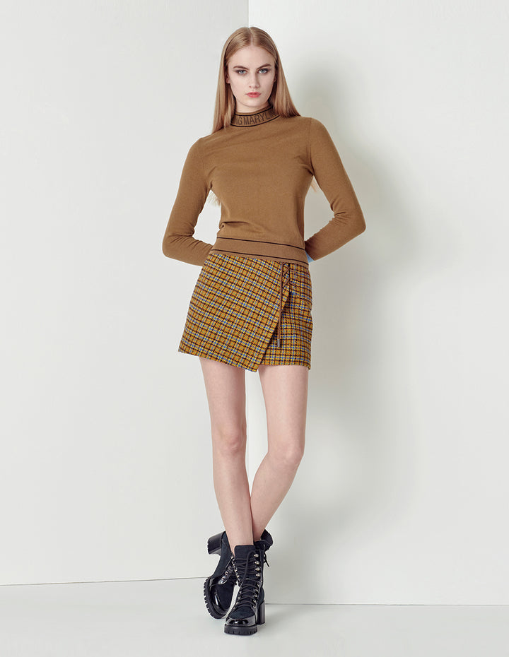 MARYLING Blue camel plaid wearing rope mini small A skirt