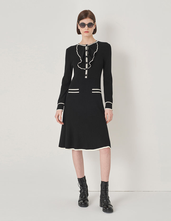 MARYLING Black And White Contrast Trim Long-Sleeved Knitted Dress