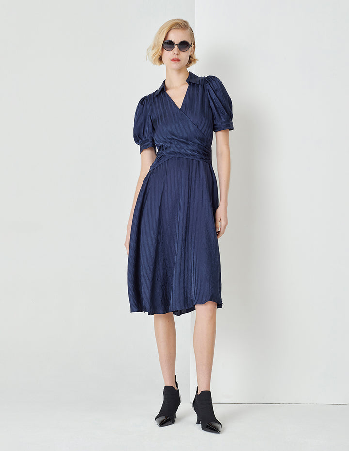 MARYLING Midnight Blue V-Neck Umbrella Hem Striped Dress