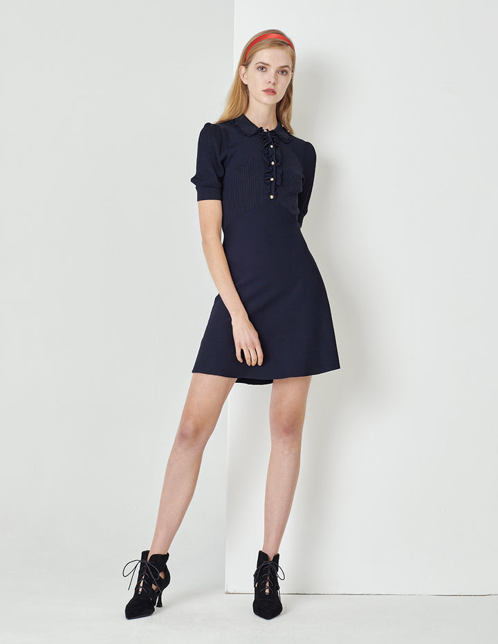 MARYLING Midnight Blue Shirt Collar Knitted Dress