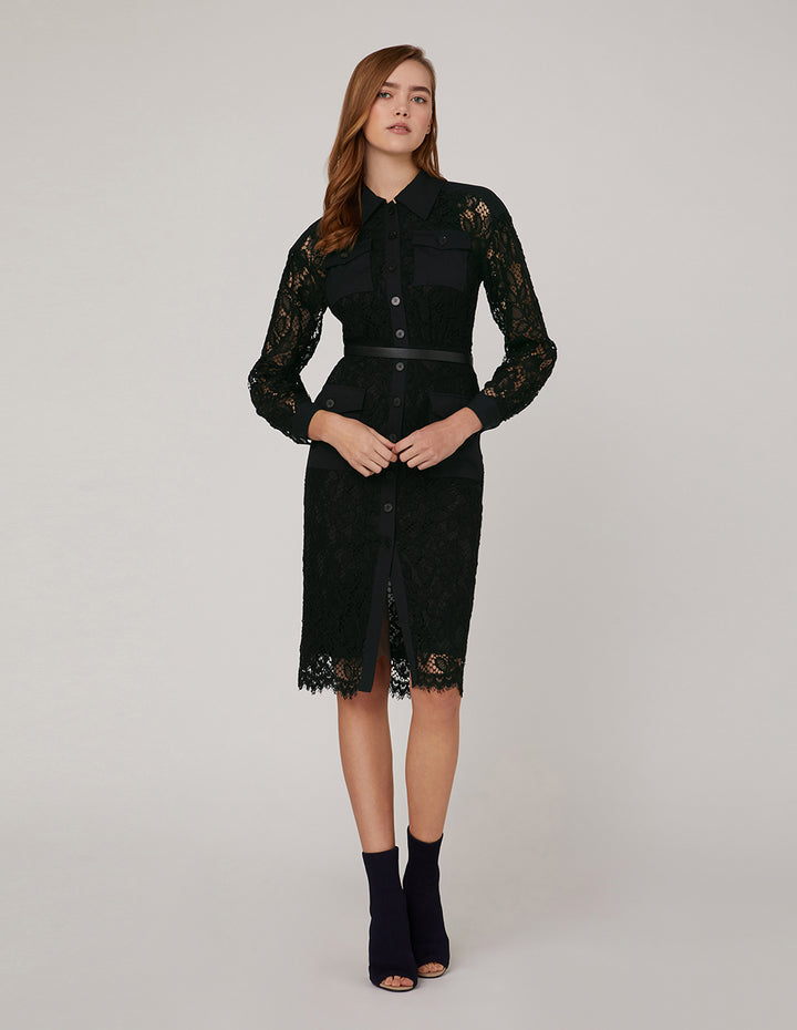 MARYLING Long Sleeve Lace Midi Shirt Dress