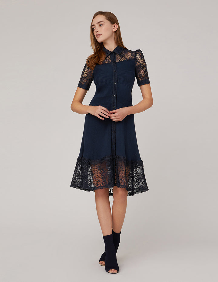 MARYLING Lace shirt-collar stitching woolen dress