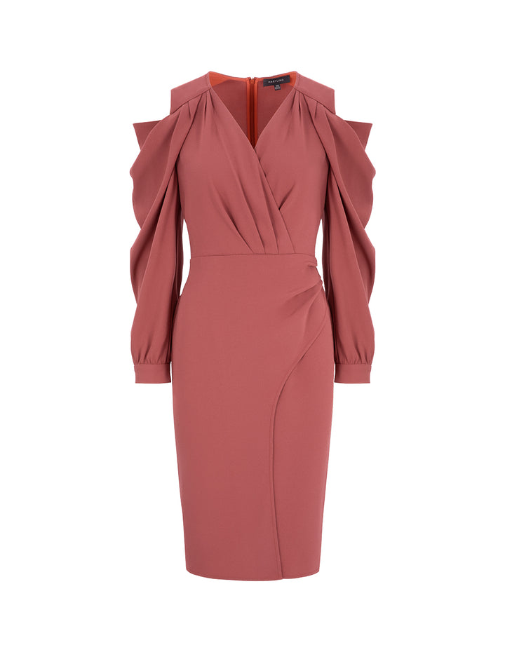 MARYLING Draped Off-The-Shoulder Pleats With Side Slits Hem Brick-Red Hip-Wrap Dress
