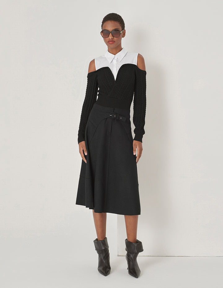 MARYLING Black And White Contrasting Off-Shoulder Stitched Top