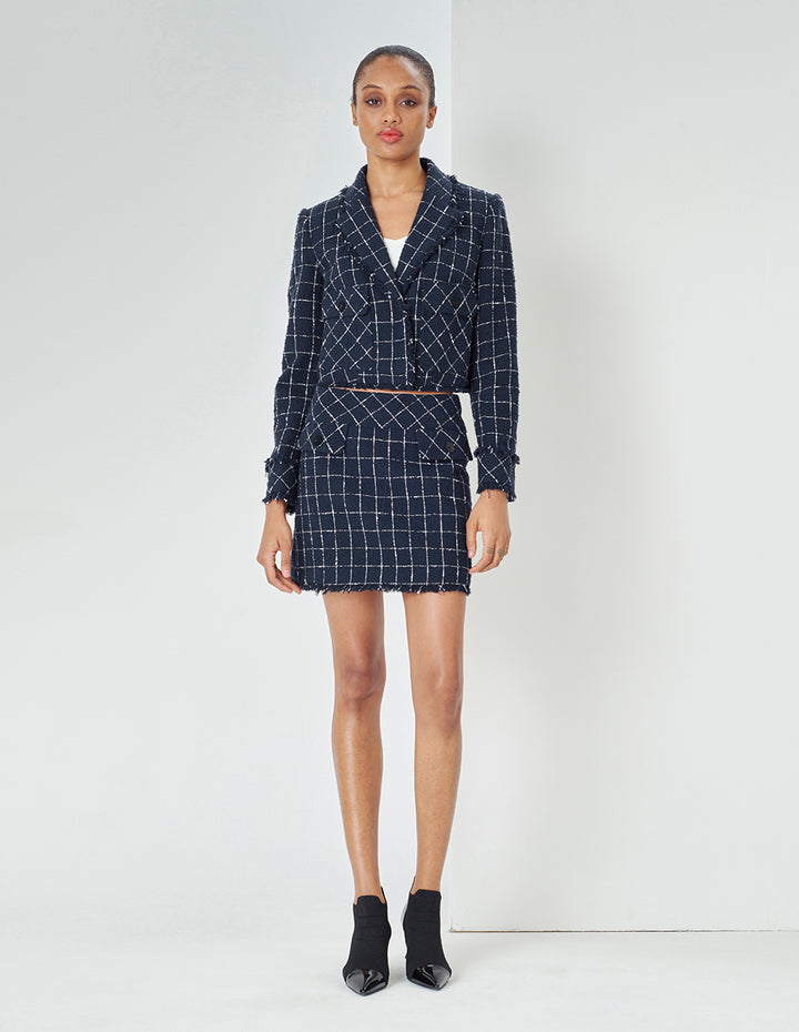 MARYLING Lapel Collar Single-Breasted Cropped Blue Blazer