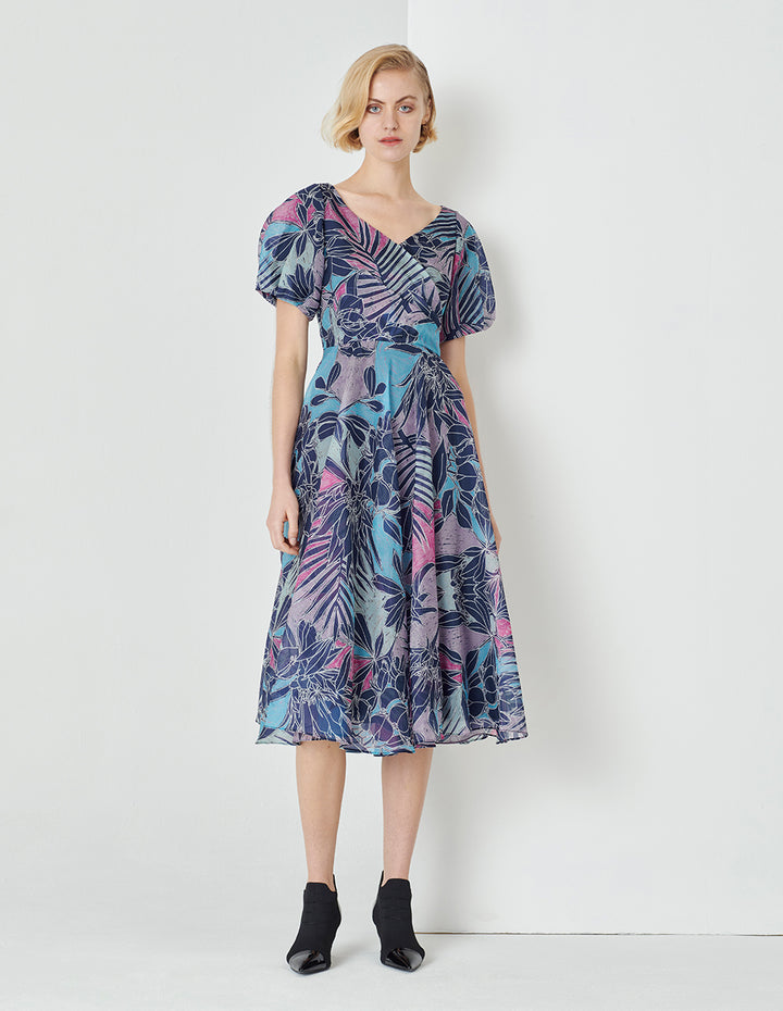 MARYLING V-Neck Semi-Transparent Puff Sleeves Pleated Print Flower Dress