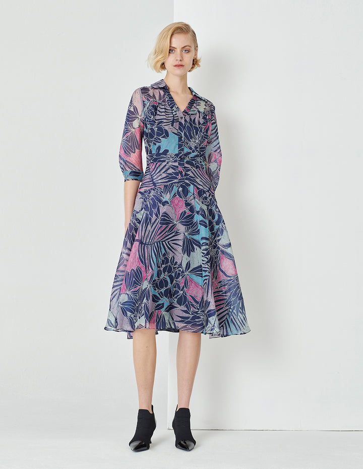 MARYLING V-Neck Shirt-Style Organza Printed Dress