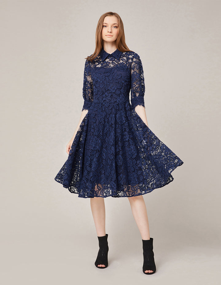 MARYLING Puff Sleeve Shirt Collar Lace Midi Dress