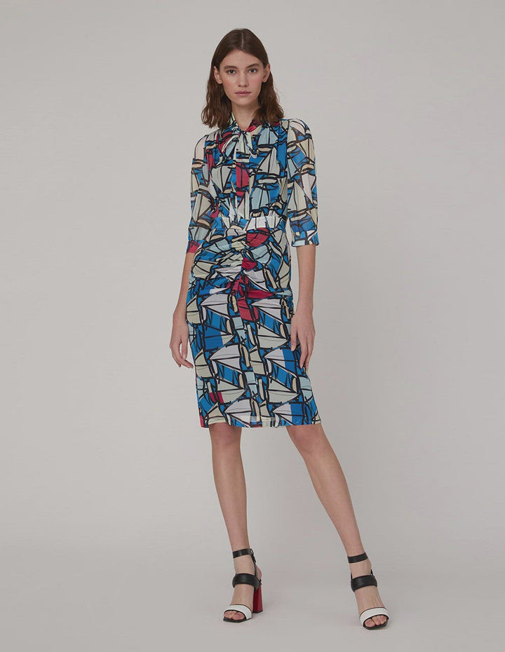 MARYLING Boat Georgette Print Bow Neck Dress