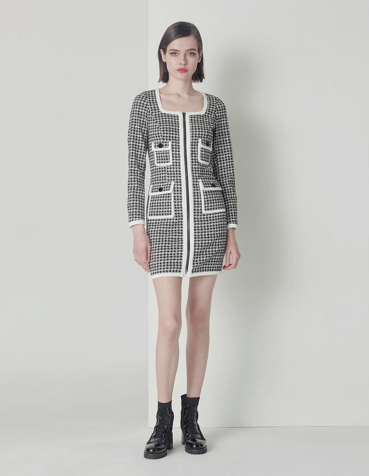 MARYLING Black and white houndstooth contrast color fringe dress