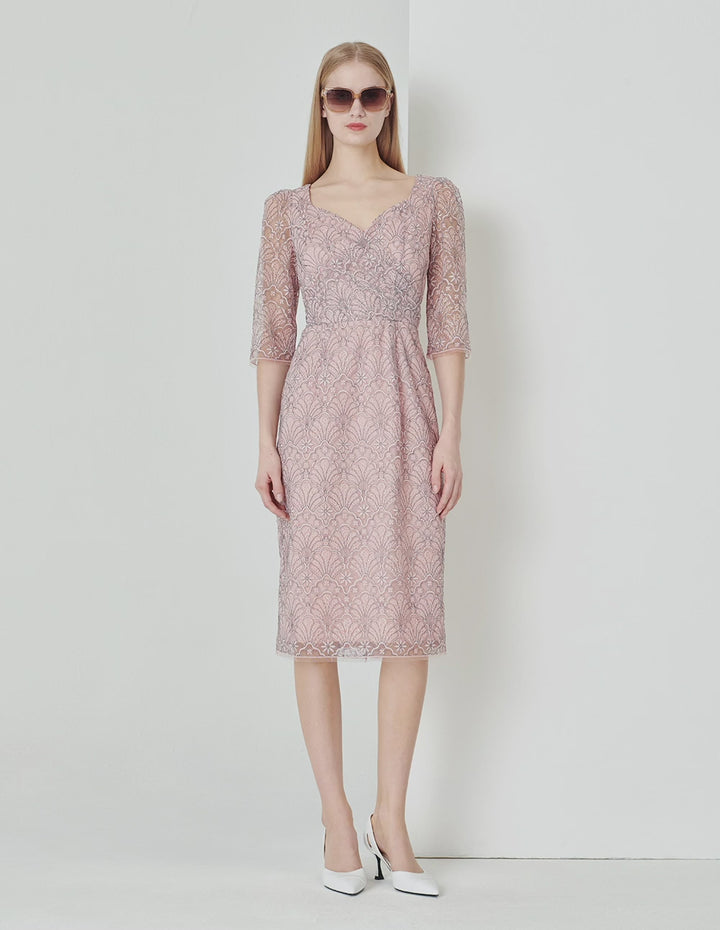 MARYLING Pink Heart-Neck Waist Hip Up Lace Dress