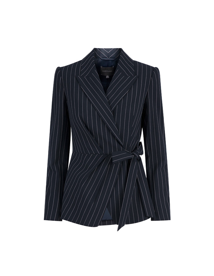 MARYLING  Blue Bottom White Striped Lapel Wrap Detail Striped Suit Jacket