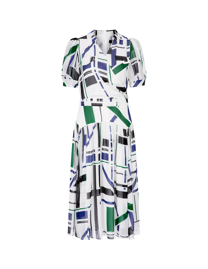 MARYLING Blue And White Geometric Art Print V-Neck Dress