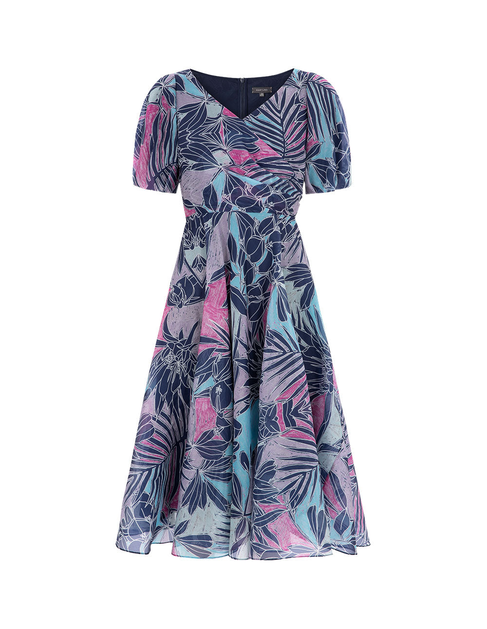 MARYLING V-Neck Semi-Transparent Puff Sleeves Pleated Print Flower Dress