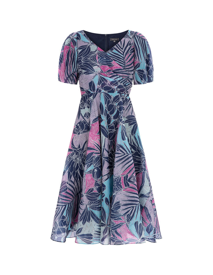 MARYLING V-Neck Semi-Transparent Puff Sleeves Pleated Print Flower Dress