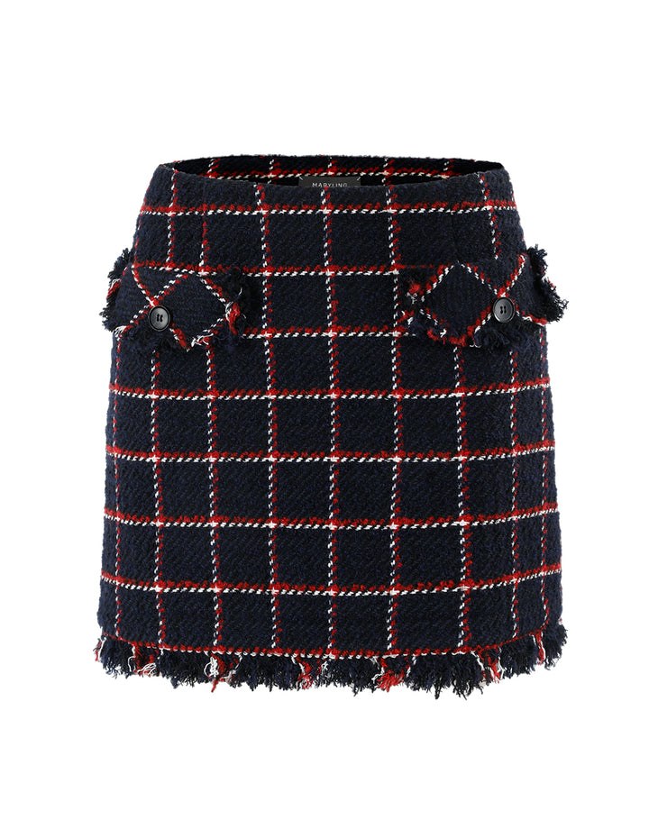 MARYLING Plaid Tweed Fringe Hem A-Line Mini Skirt