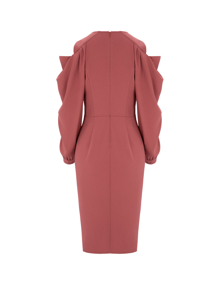 MARYLING Draped Off-The-Shoulder Pleats With Side Slits Hem Brick-Red Hip-Wrap Dress