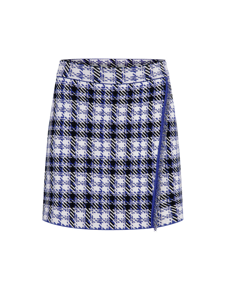 MARYLING Blue And White Grid Asymmetric Details Knitted Skirt