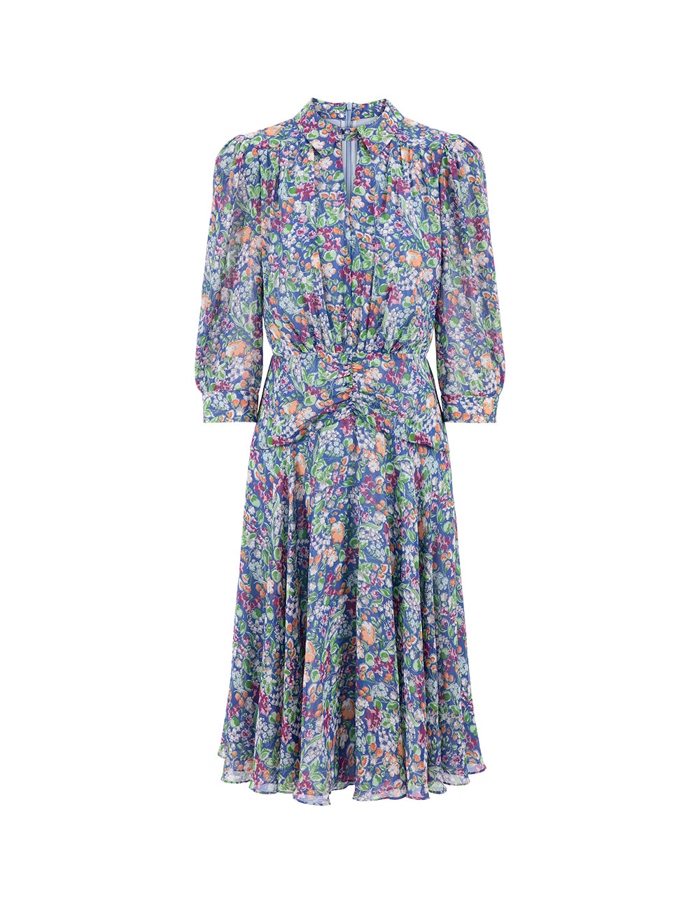 MARYLING Colour Shirt Collar Waist Pleated Puff Sleeve Dress