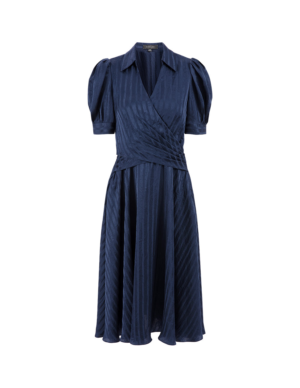 MARYLING Midnight Blue V-Neck Umbrella Hem Striped Dress