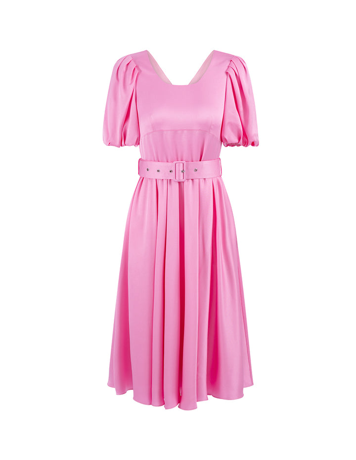 MARYLING Peach Pink Square Neck Bubble Sleeve Belted Dress