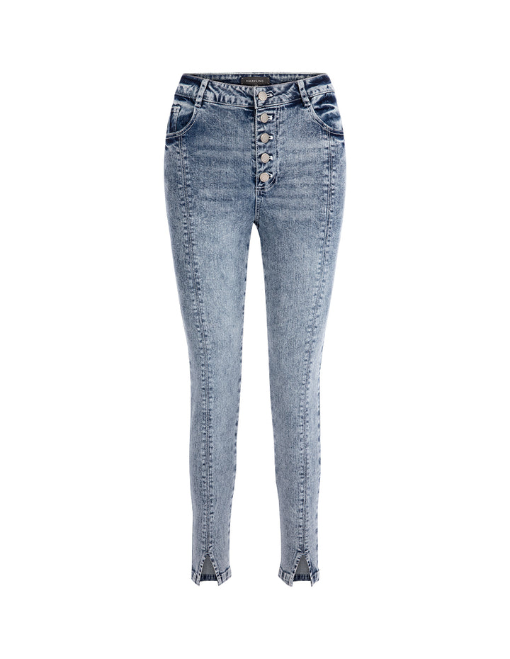 MARYLING Denim Blue Metal Decorative Buckle Skinny Denim Cropped Pants
