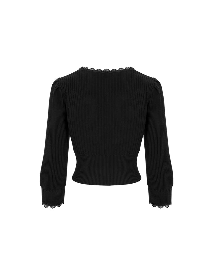 MARYLING Crossover V-Neck Paneled Lace-Trimmed Knitted Pullover