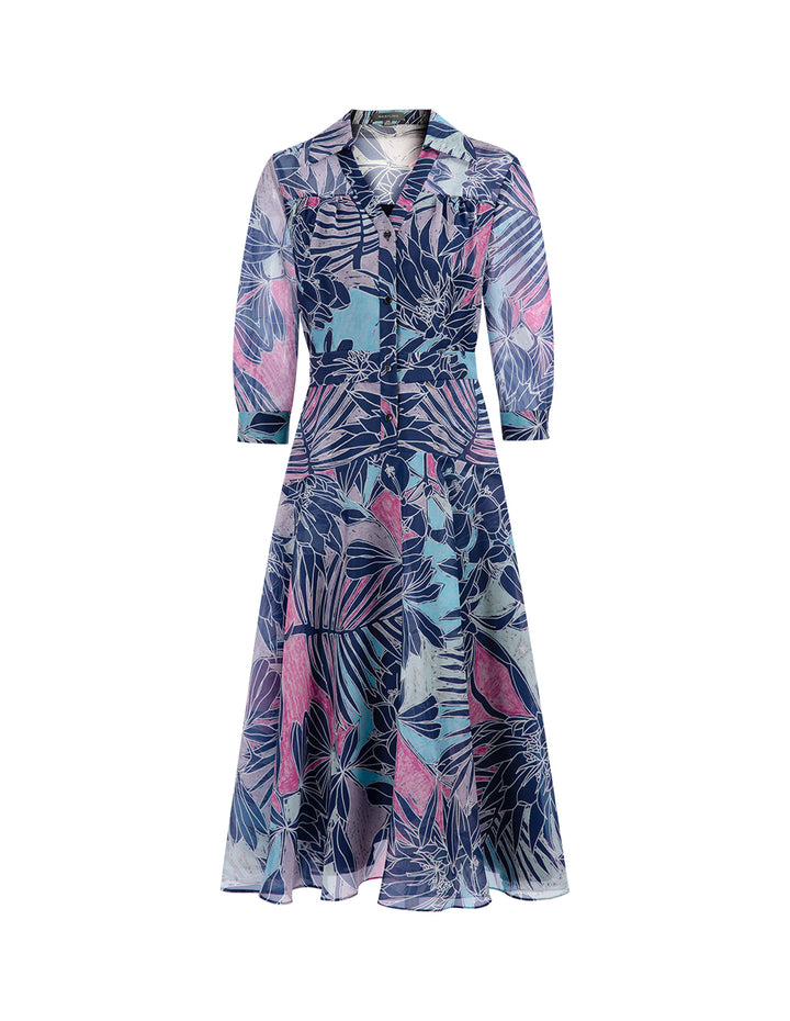 MARYLING V-Neck Shirt-Style Organza Printed Dress