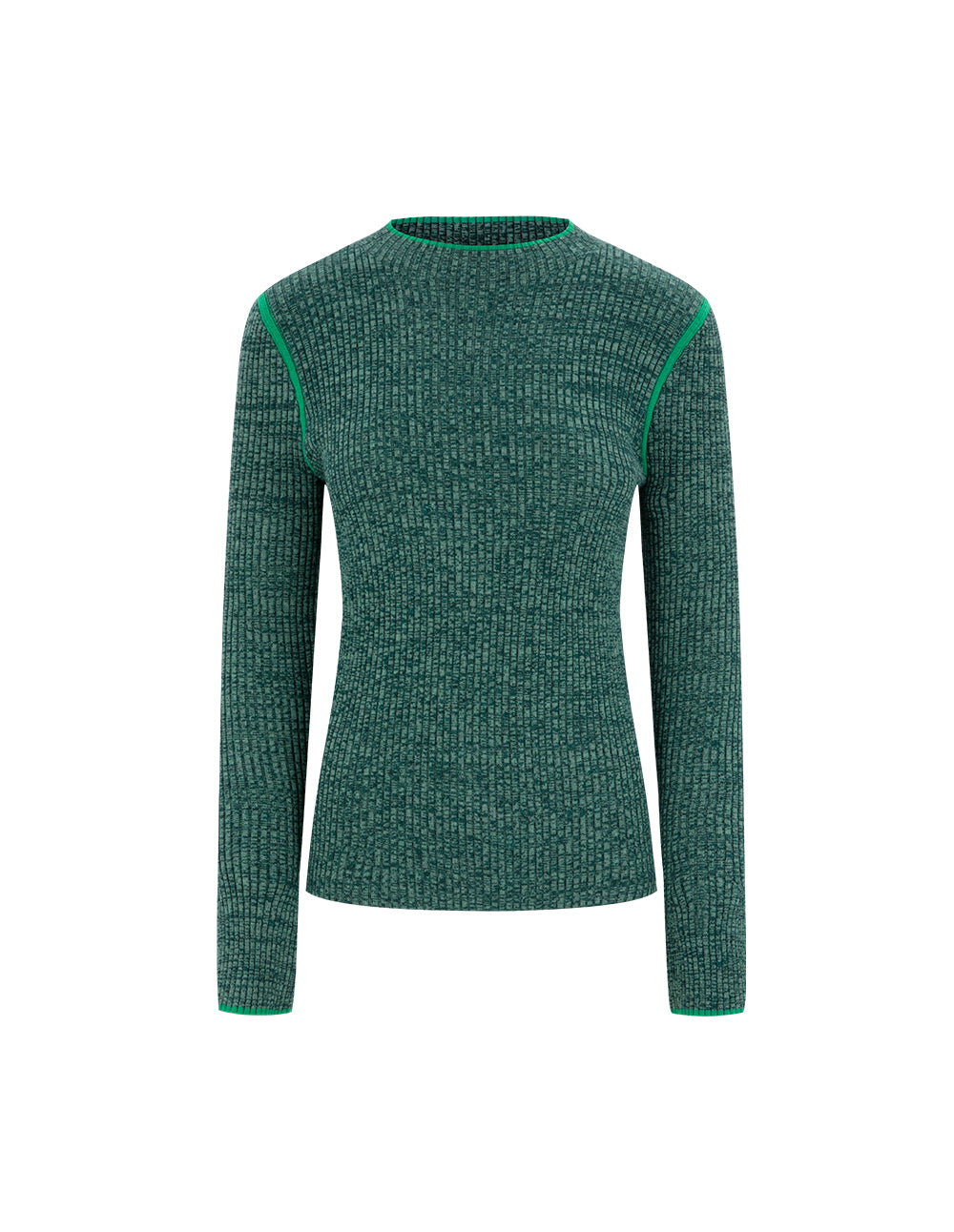 MARYLING Round-Neck Long-Sleeve Slim-Fit Ribbing Pure Green Knitted Pullover
