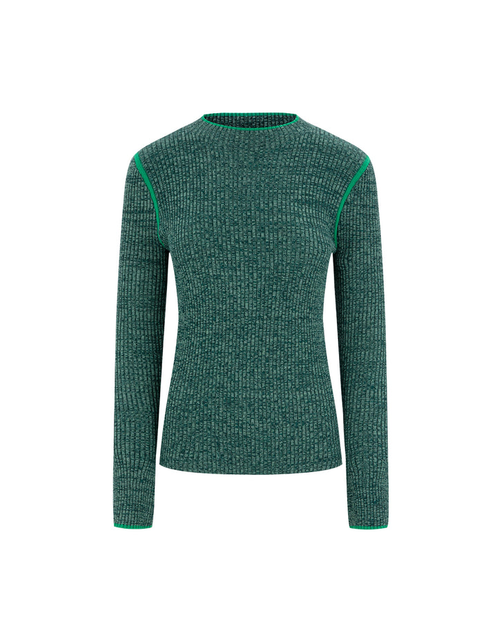 MARYLING Round-Neck Long-Sleeve Slim-Fit Ribbing Pure Green Knitted Pullover