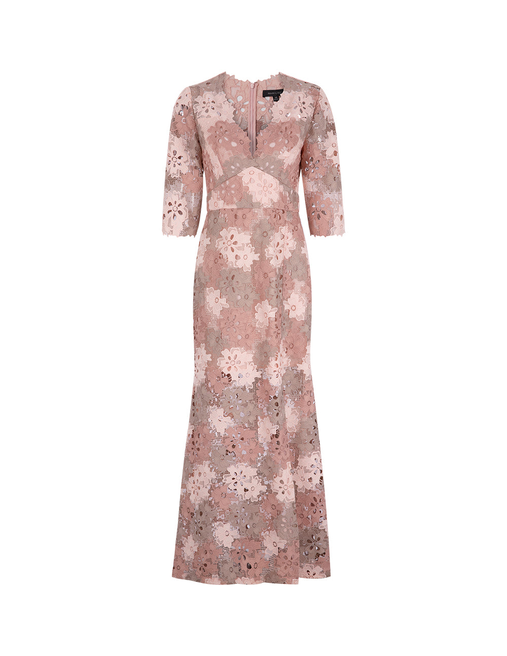 MARYLING Pink V-Neck Fishtail Slit Lace Dress