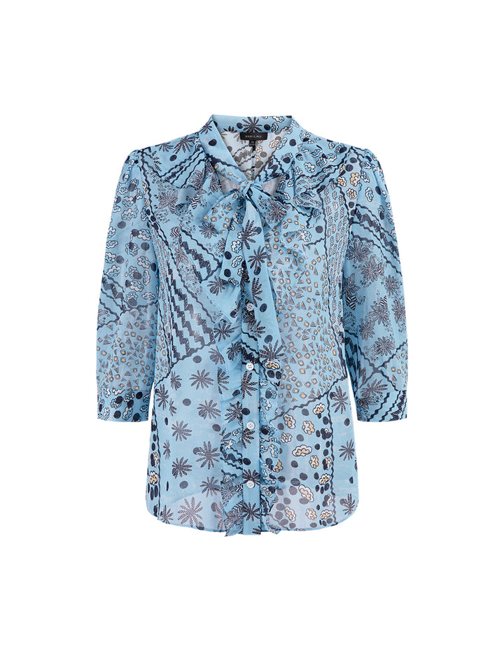 MARYLING V Neck Ruffle Tie 3/4 Sleeve Shirt