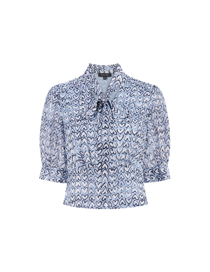 MARYLING Blue Heart-Shaped Pattern Tie Bow Print Top