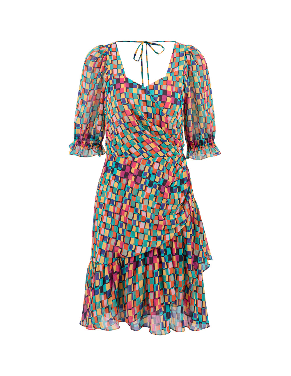 MARYLING Colourful Checkered Ruffle Detail Bubble Sleeve Printed Dress