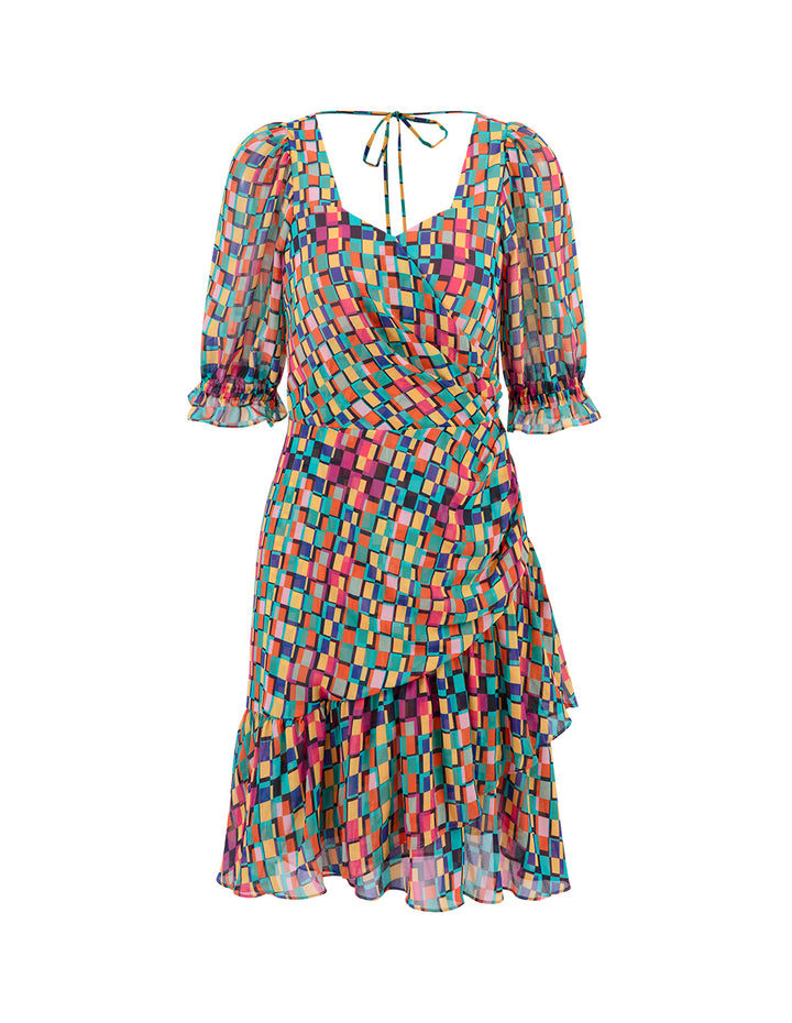 MARYLING Colourful Checkered Ruffle Detail Bubble Sleeve Printed Dress