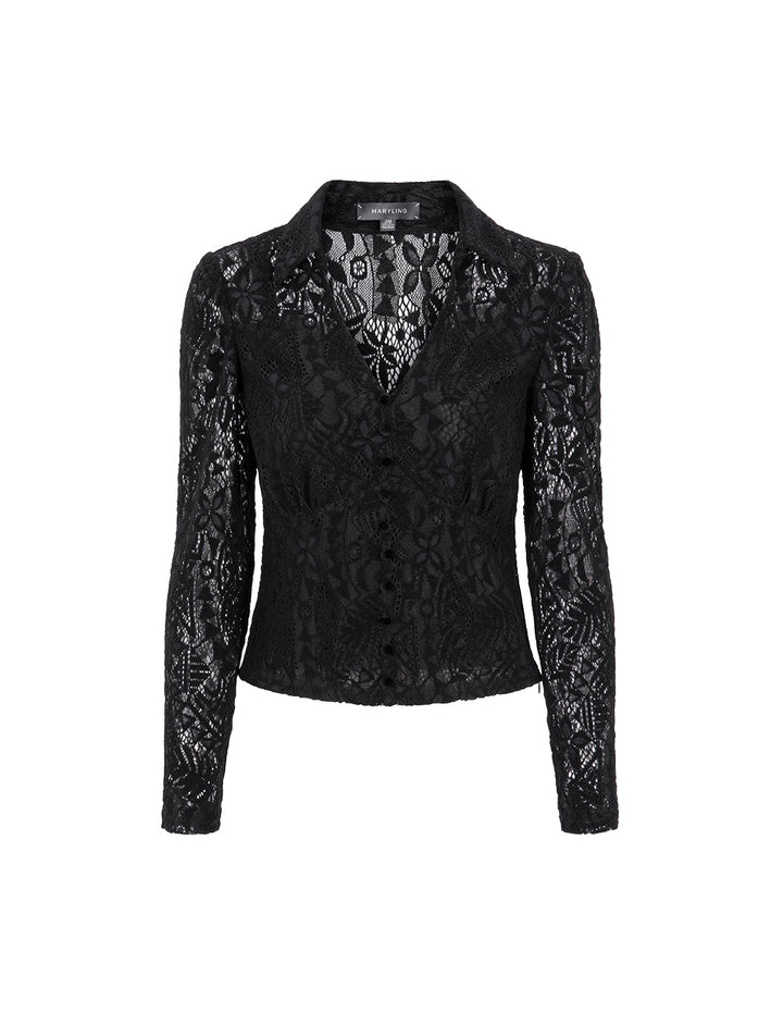 MARYLING Black V-Neck Fitted Lace Bouse
