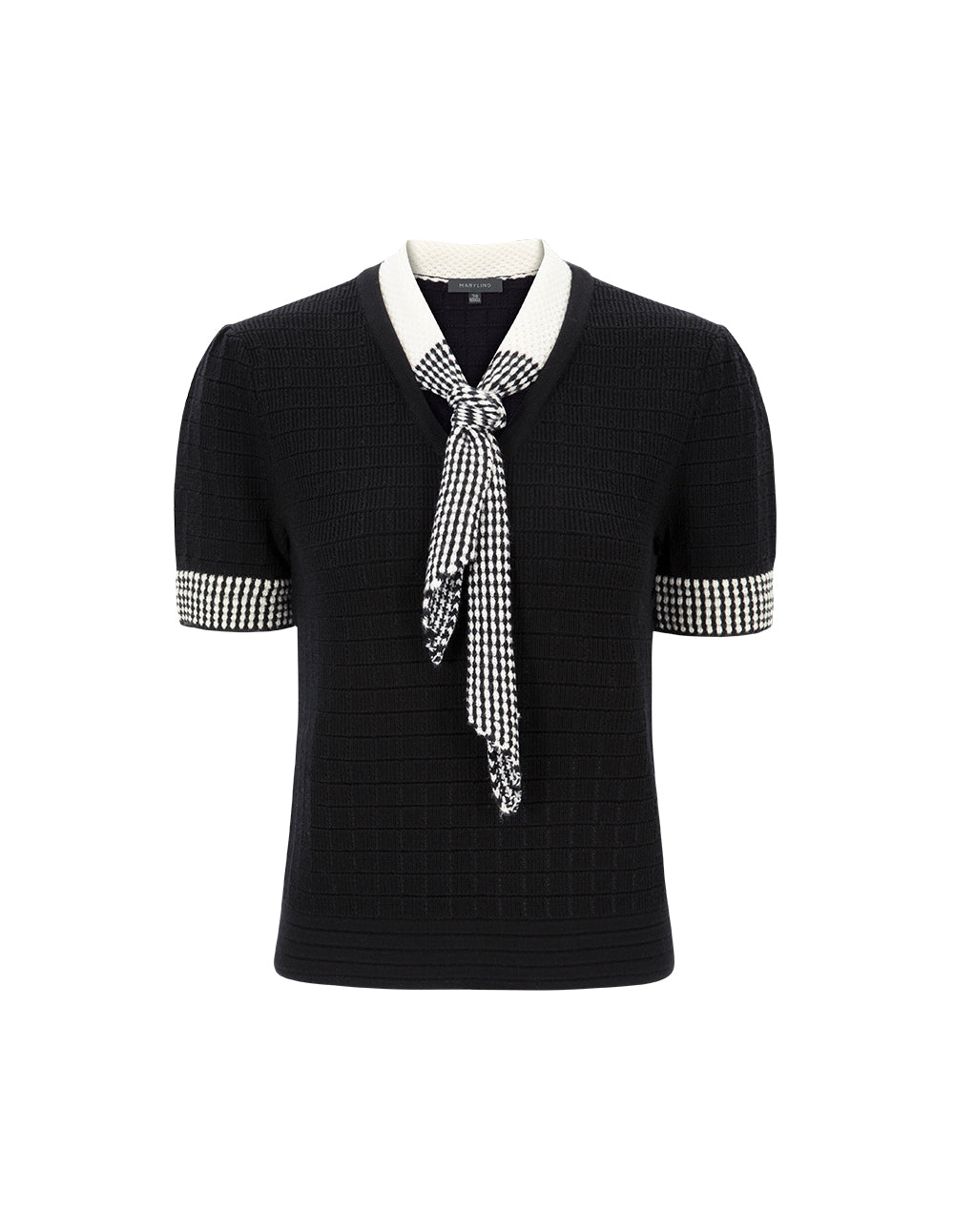 MARYLING Black And White Tie Design Knitted Short-Sleeved Pullover