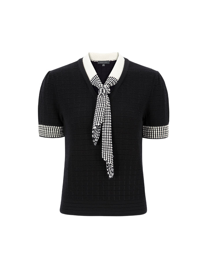MARYLING Black And White Tie Design Knitted Short-Sleeved Pullover