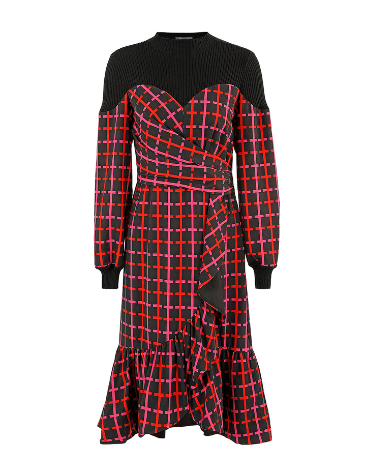 MARYLING Contrast Knit Spliced Checked Print Ruffle Dress