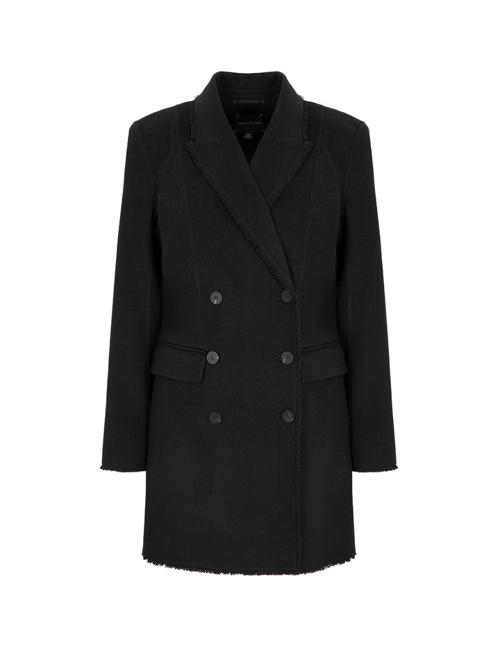 MARYLING Black Classic Suit Collar Midi Wool Coat