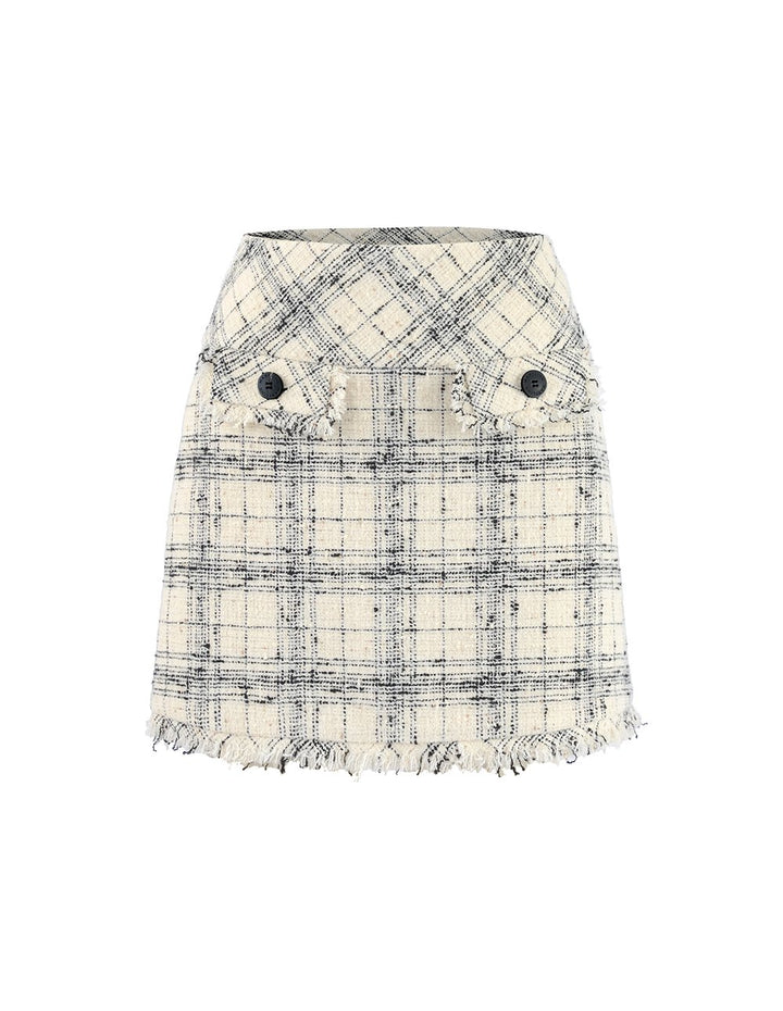 MARYLING Plaid Tweed Fringe Hem Mini Skirt