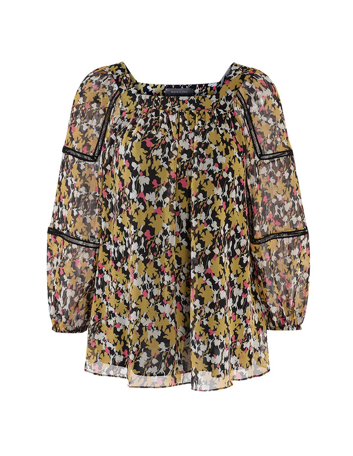 MARYLING Square Collar Puffed Sleeves Print Top