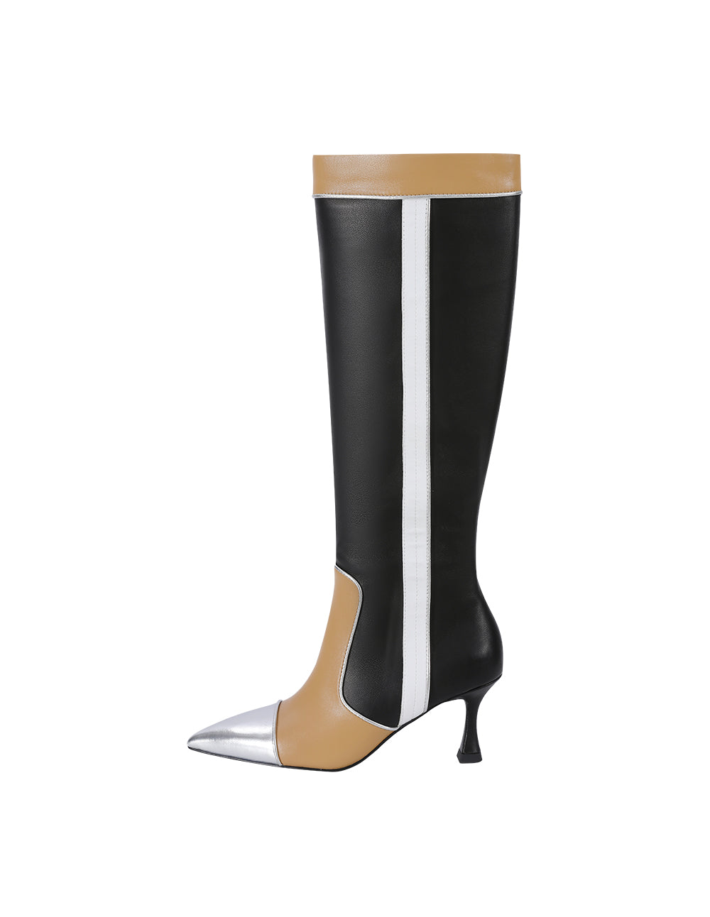 MARYLING Black And Beige Colour Matching Pointed Toe Stiletto Heeled Sheepskin Boots