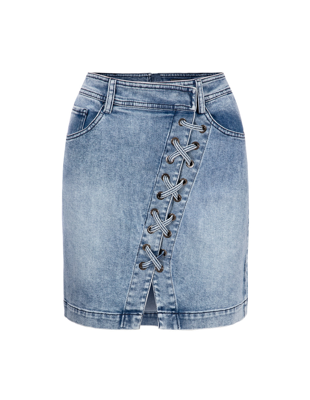 MARYLING Denim Blue Asymmetric Lace-Up Denim Skirt