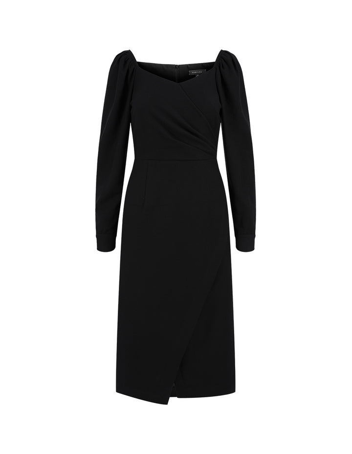 MARYLING Classic and elegant black slit wool wrap hip dress