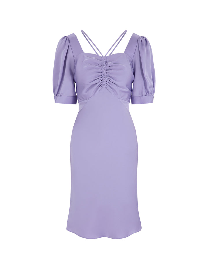 MARYLING Taro Purple Small Shoulder Strap Shirred Short-Sleeved Dress